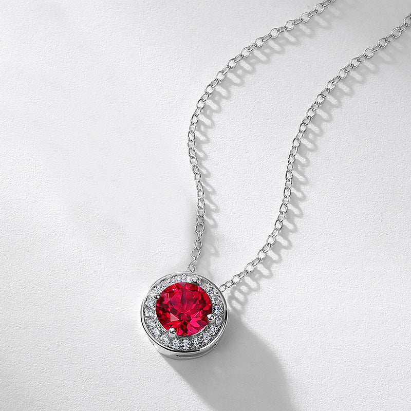 Origsoul silver chain emerald necklace with a round red gemstone pendant surrounded by clear crystals