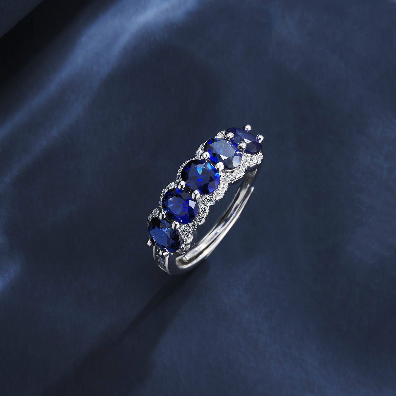 Origsoul sapphire and diamond ring on silver band with blue stones, engagement ring emerald cut style