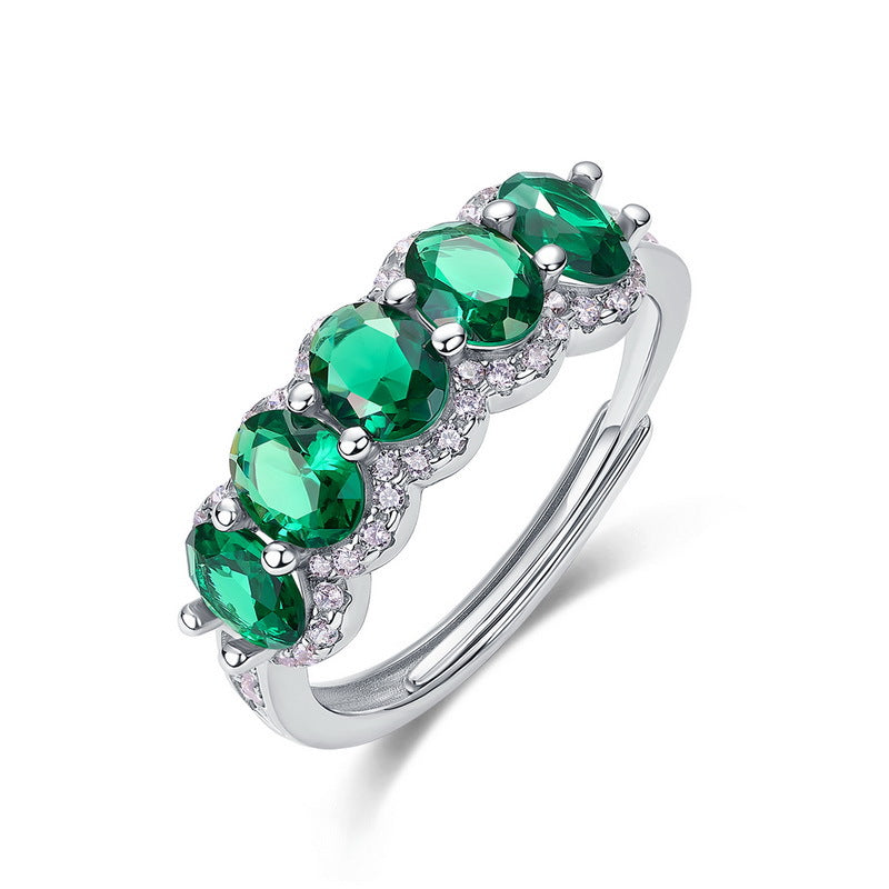 Origsoul engagement ring emerald cut with five green emerald stones and silver band