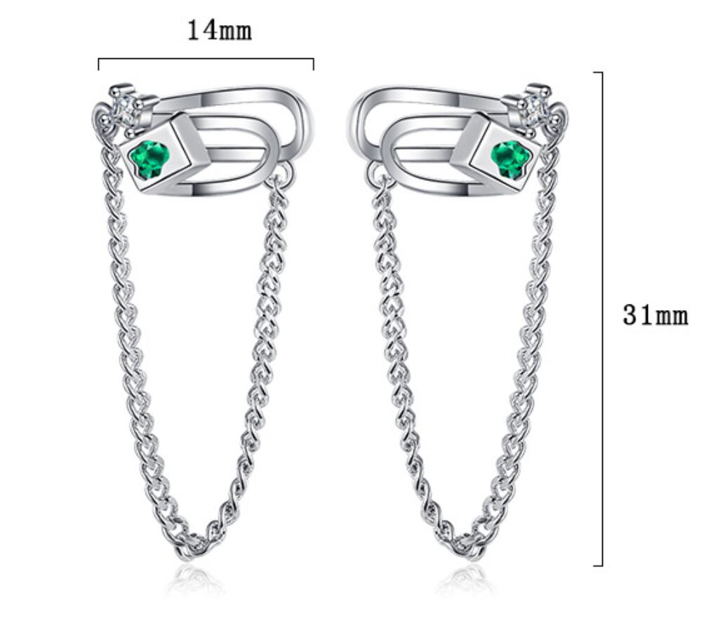 Origsoul geometric chain drop earrings with silver finish and green gemstone measuring 31mm length