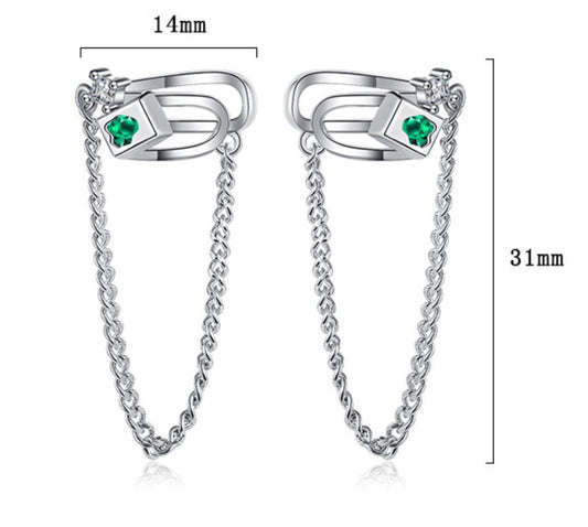 Origsoul geometric chain drop earrings with silver finish and green gemstone measuring 31mm length