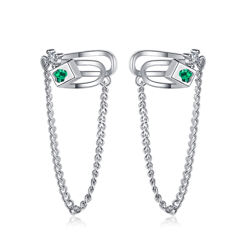 Origsoul geometric chain drop earrings in silver with green gemstone accents