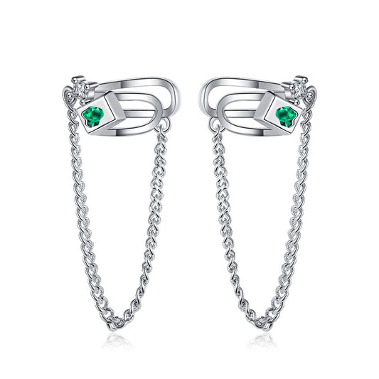 Origsoul geometric chain drop earrings in silver with green gemstone accents