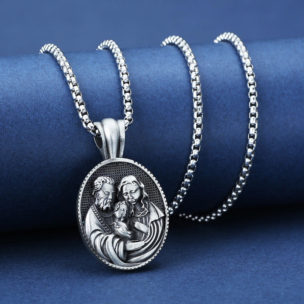 Origsoul Tranquil Spirit Collection silver Holy Family necklace pendant with detailed religious engraving