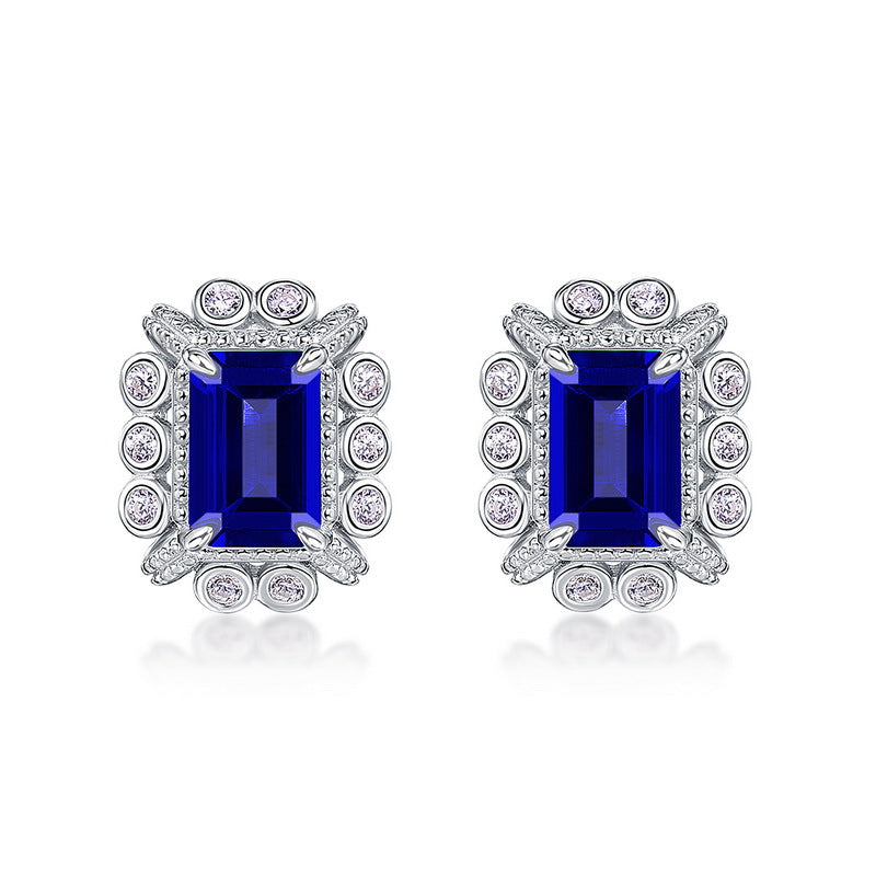 Origsoul silver hoop earrings sterling silver with rectangular blue gemstone and surrounding clear crystals