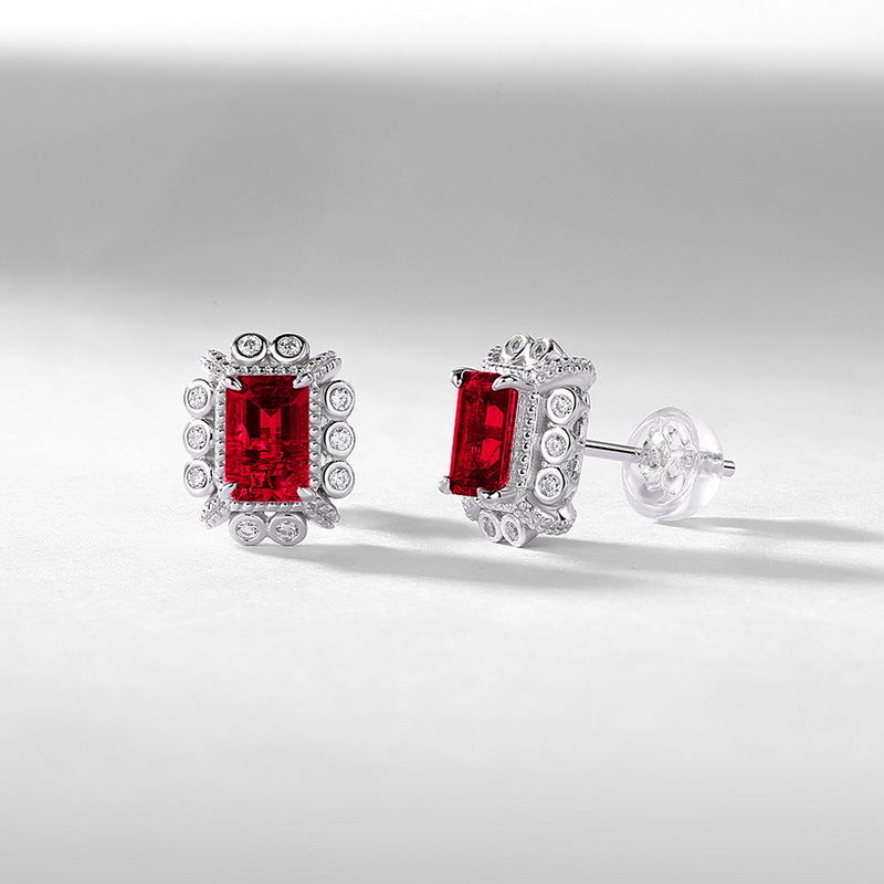 Origsoul silver hoop earrings sterling silver with rectangular red gemstone and decorative accents