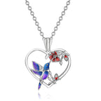 Origsoul hummingbird heart pendant necklace with colorful hummingbird and red flower details on silver chain