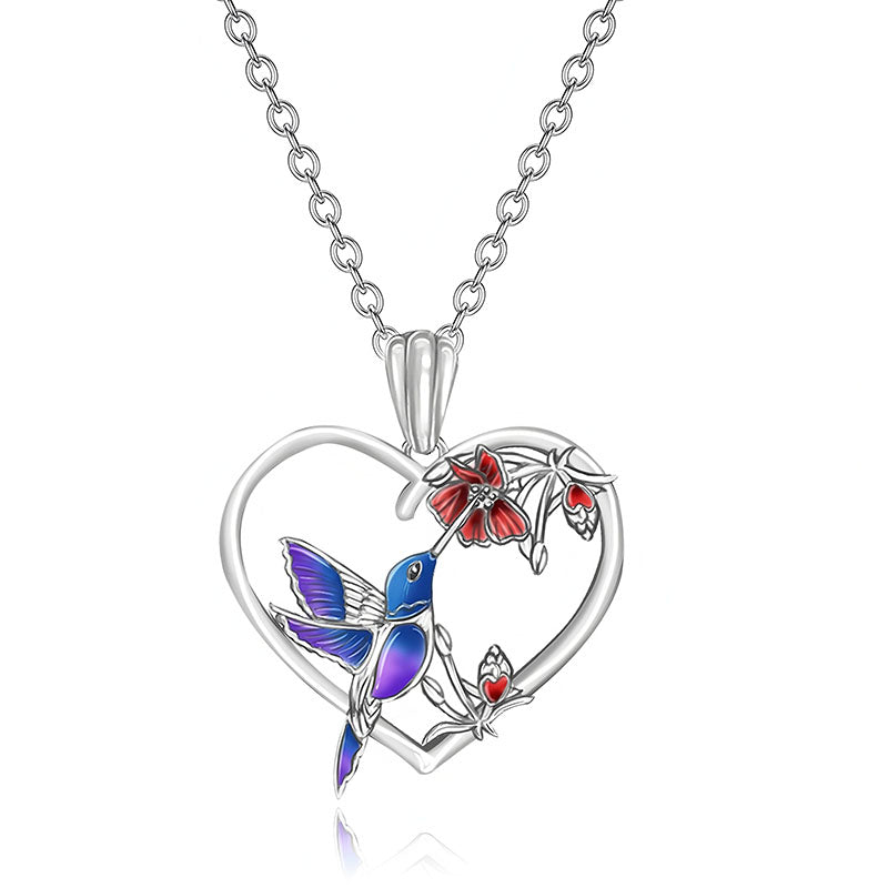 Origsoul hummingbird heart pendant necklace with colorful hummingbird and red flower details on silver chain