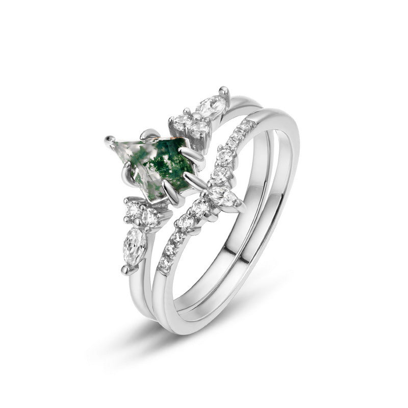 Origsoul moss agate ring with silver band and clear accent stones in elegant design