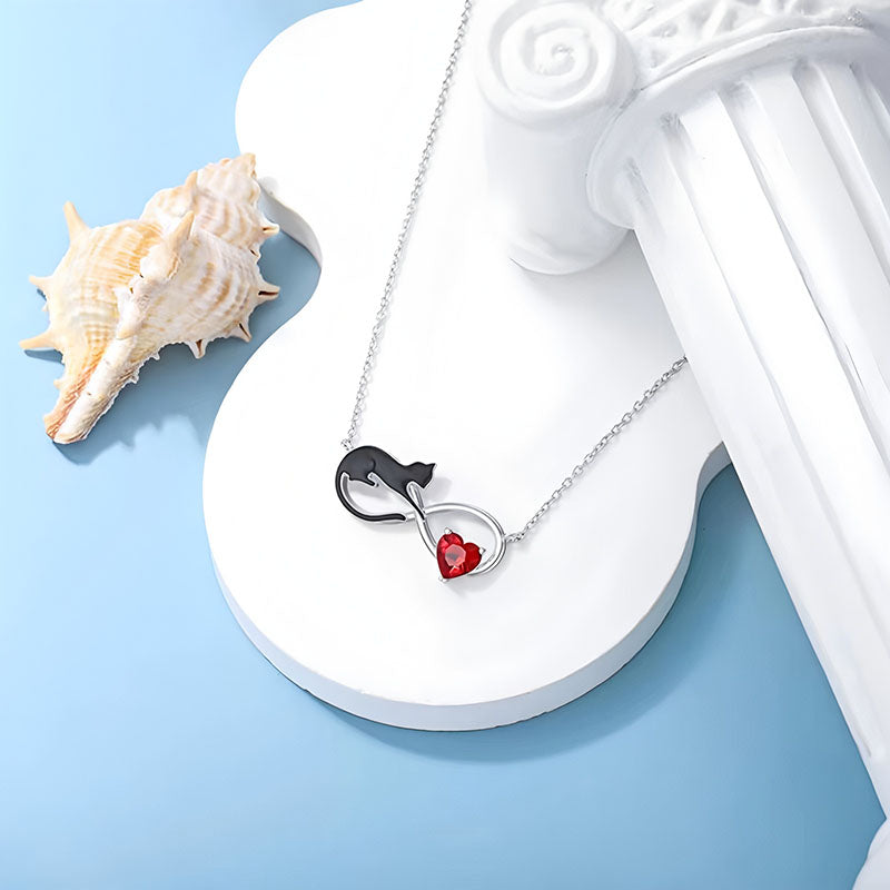 Origsoul silver necklace featuring red zircon cat jewelry gift with a black cat and heart pendant