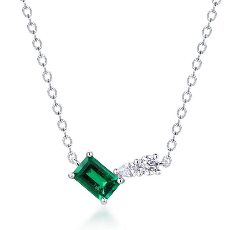 Origsoul silver necklace sterling with green rectangular gemstone and three clear accent stones