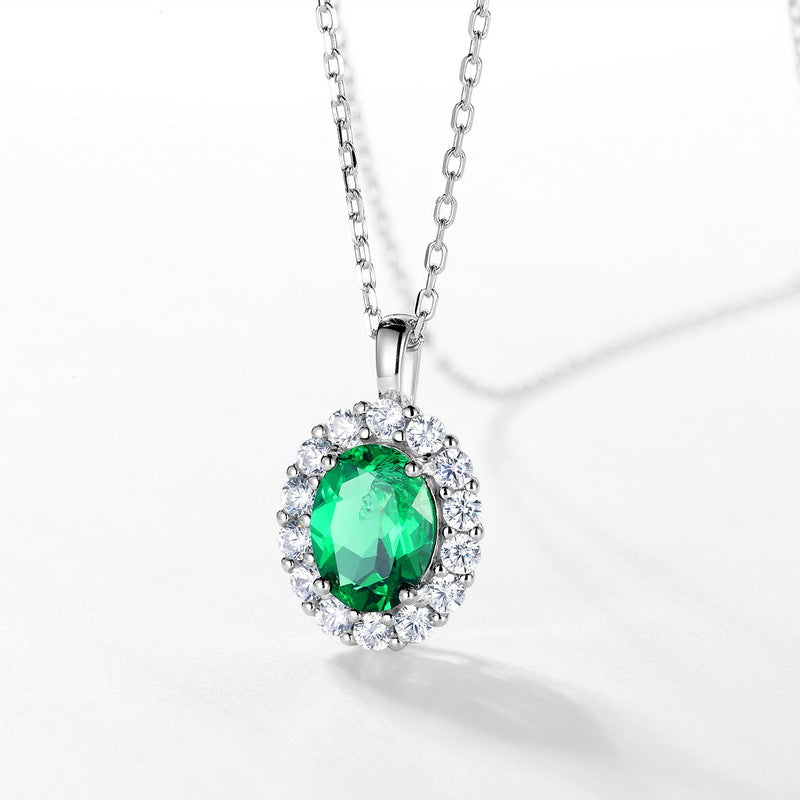 Origsoul silver necklace sterling with oval green gemstone surrounded by sparkling clear crystals