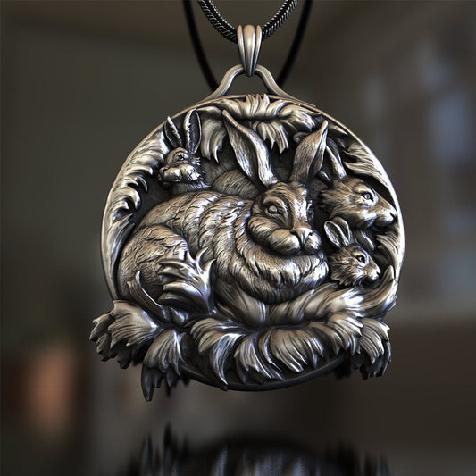 Origsoul rabbits family necklace featuring detailed silver pendant with a rabbit family design