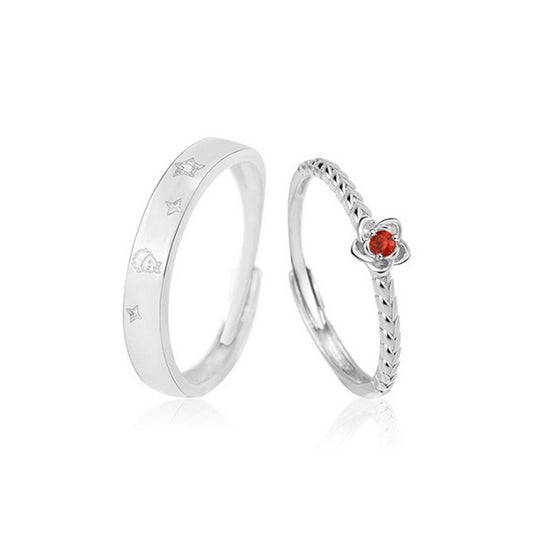 Origsoul silver rose engagement ring set with floral design and red gemstone accent