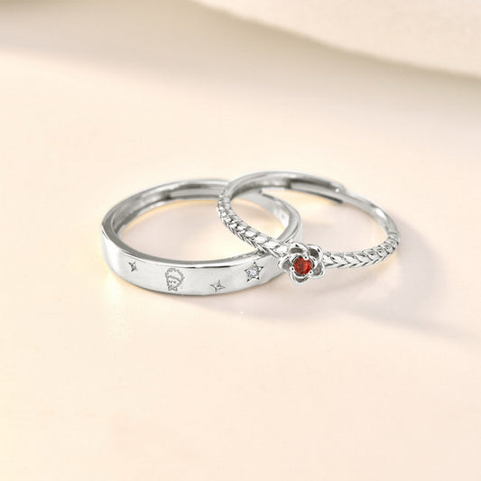 Origsoul silver rose engagement ring set with star engravings and red gemstone flower design