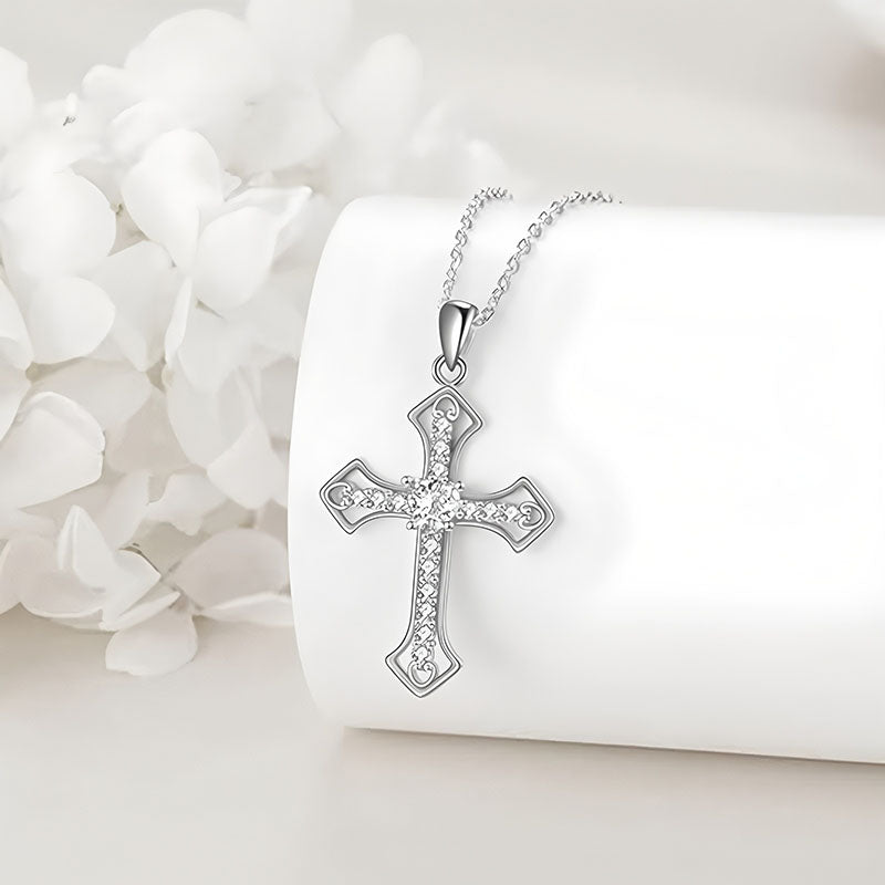 Origsoul sparkling cross pendant necklace with intricate detailing on silver chain jewelry
