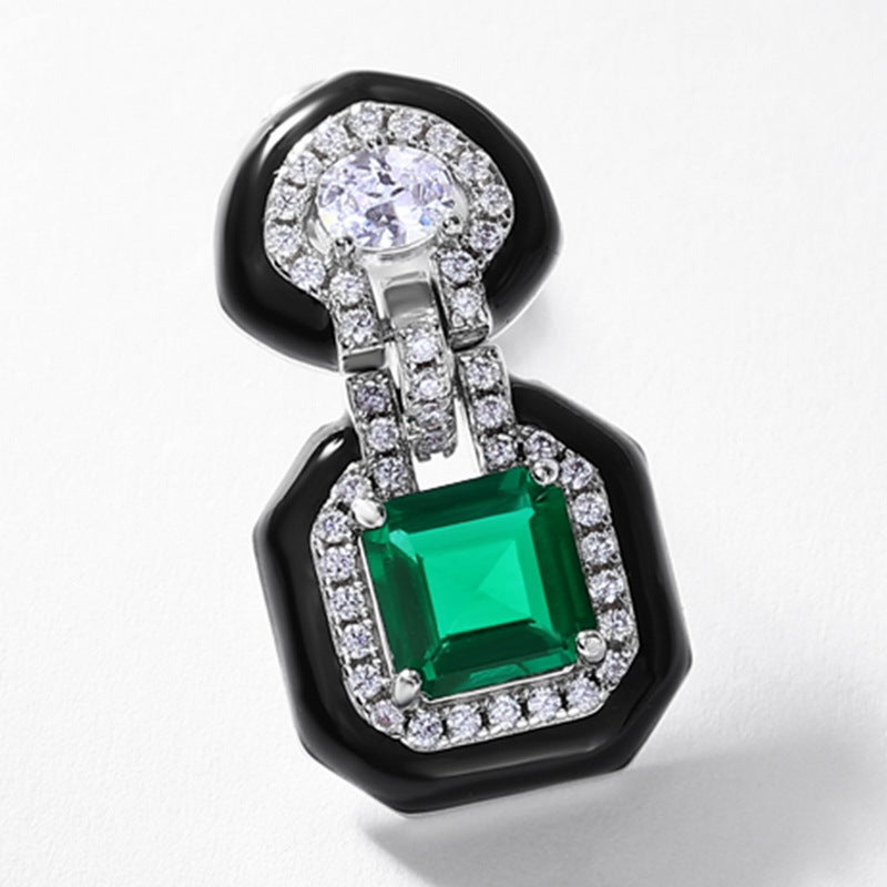 Origsoul elegant silver sterling jewellery pendant with green emerald and clear crystals on black setting