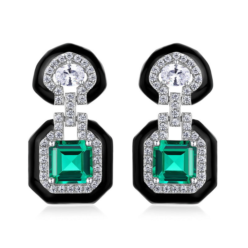 Origsoul silver sterling jewellery emerald green and white stone stud earrings with black accents