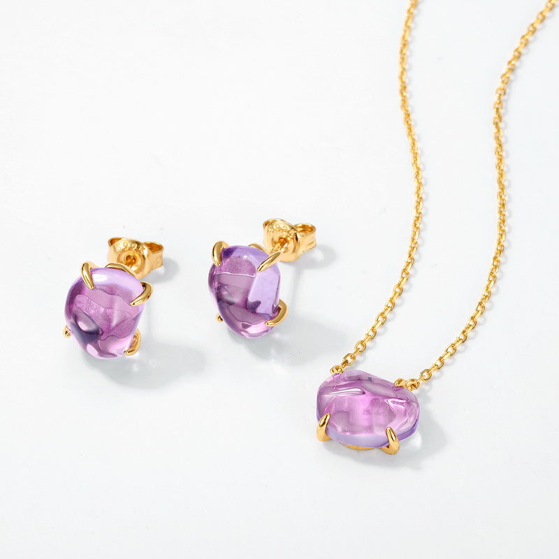 Origsoul purple gemstone gold stud earrings and necklace set silver sterling jewellery