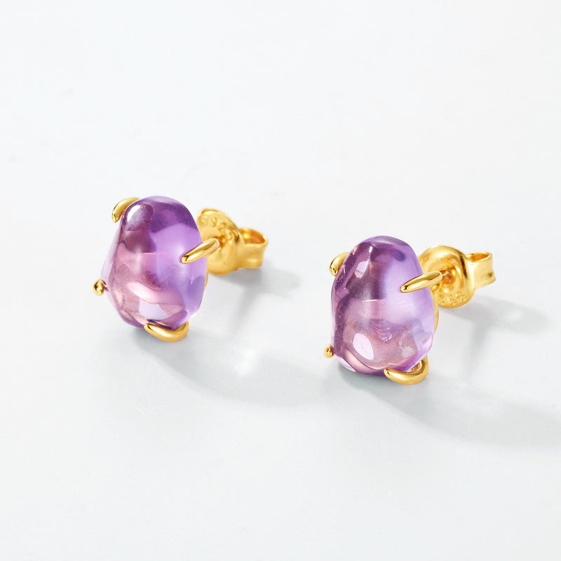 Origsoul purple stone stud earrings in silver sterling jewellery with gold prong setting