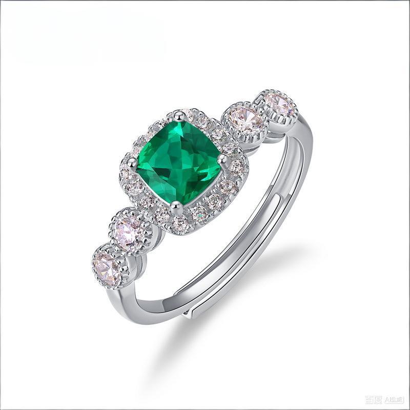 Origsoul silver sterling ring with cushion green center stone and surrounding clear gemstones