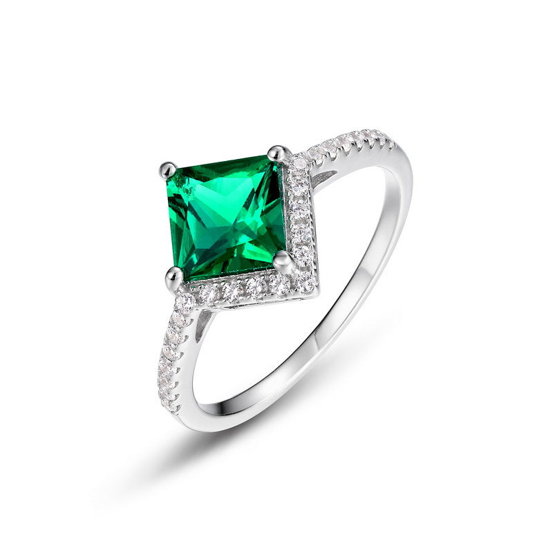 Origsoul silver sterling ring with square green gemstone and small clear stones on band