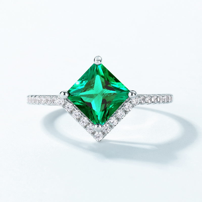 Origsoul silver sterling ring with square green gemstone and small clear accent stones