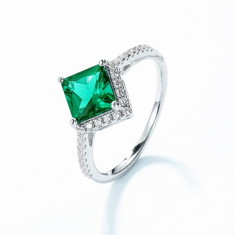 Origsoul silver sterling ring with square green gemstone and small clear crystals on band