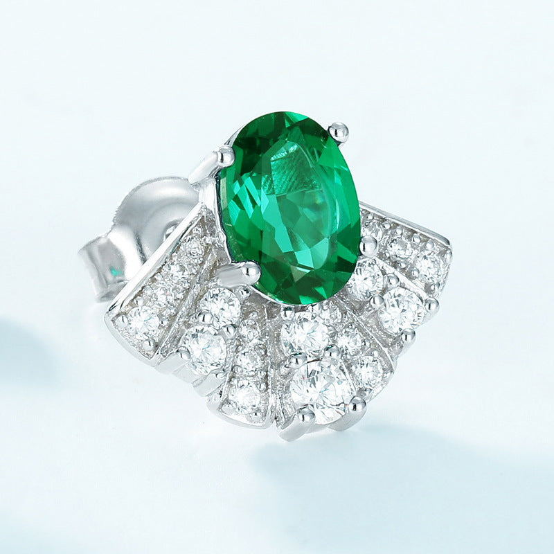 Origsoul silver sterling silver earrings with green oval gemstone and sparkling white crystals