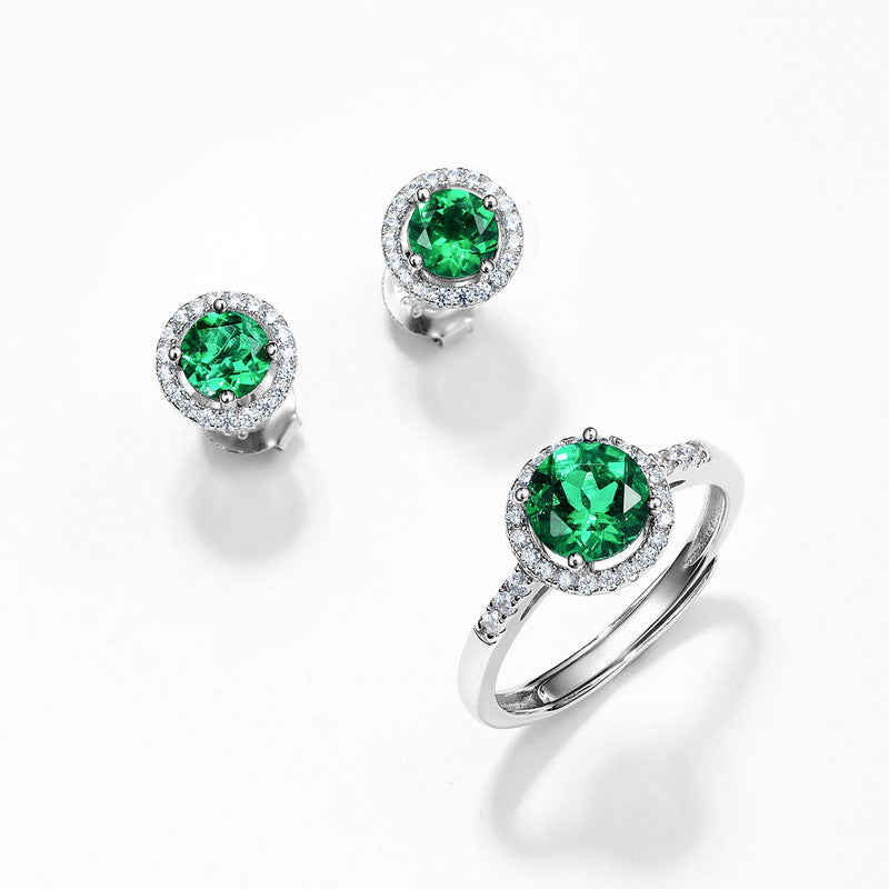 Origsoul silver sterling silver earrings and matching ring with green gemstones and clear crystals