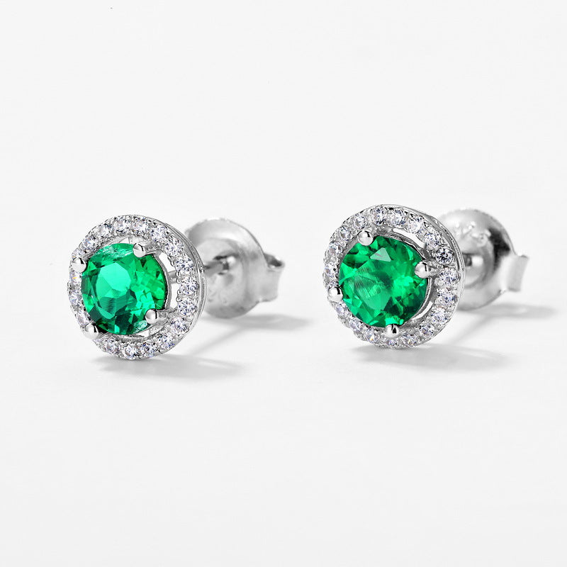 Origsoul silver sterling silver earrings with round green gemstone and surrounding clear stones
