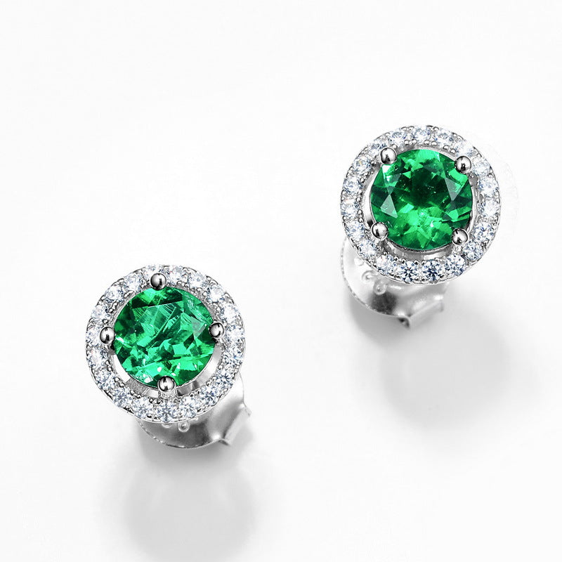 Origsoul silver sterling silver earrings with green gemstones surrounded by small clear crystals
