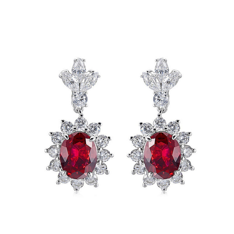 Origsoul silver sterling silver earrings with red oval gemstones surrounded by clear crystals