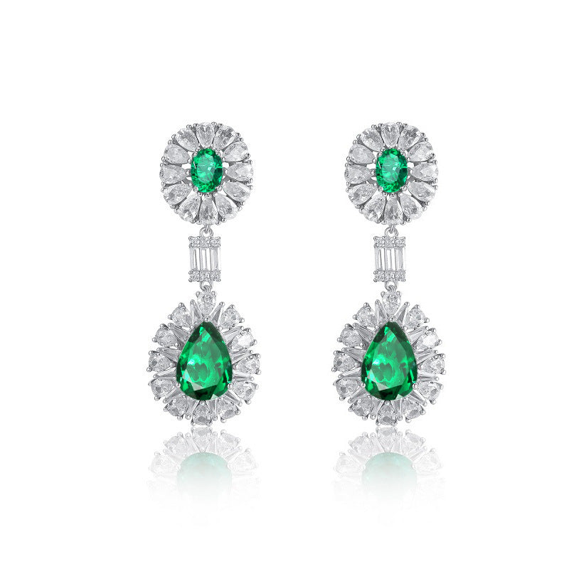 Origsoul silver sterling silver earrings with green teardrop and oval gemstones surrounded by clear crystals