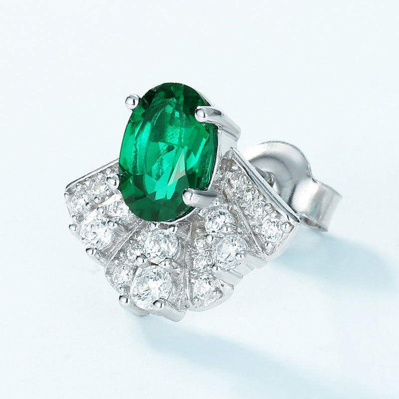 Origsoul silver sterling silver earrings with oval green gemstone and surrounding clear crystals