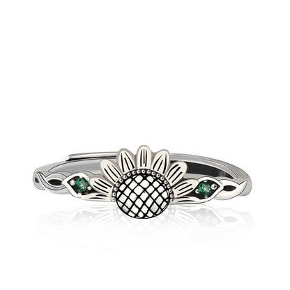 Origsoul sunflower antique ring in silver with green gemstone accents on band
