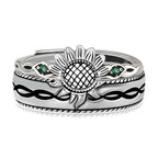 Origsoul silver sunflower antique ring with detailed petals and green gemstone accents