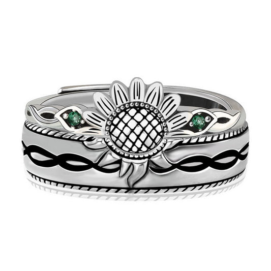 Origsoul silver sunflower antique ring with detailed petals and green gemstone accents