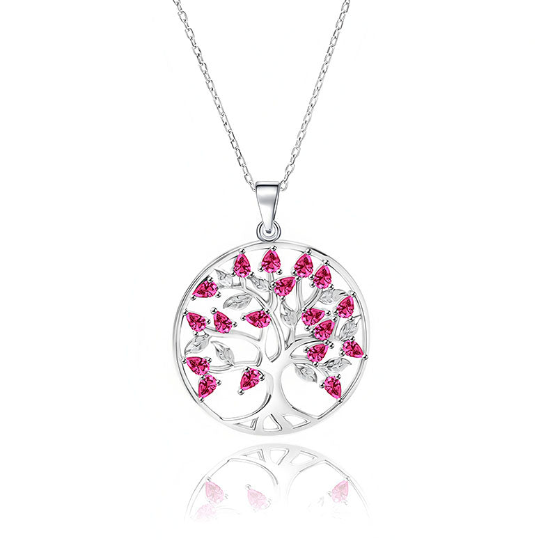 Origsoul triple color tree of life necklace with silver pendant and pink gemstone leaves