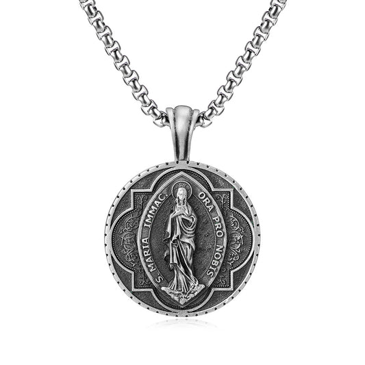 Origsoul Tranquil Spirit Collection silver Virgin Mary necklace with detailed religious pendant