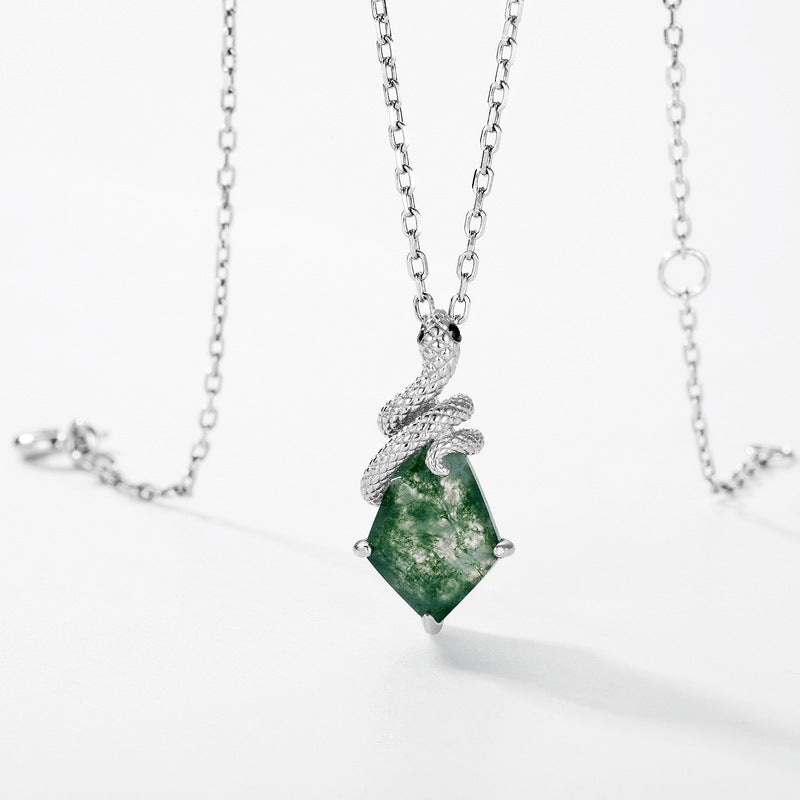 Origsoul necklace with green moss agate stone and silver snake pendant on silver chain