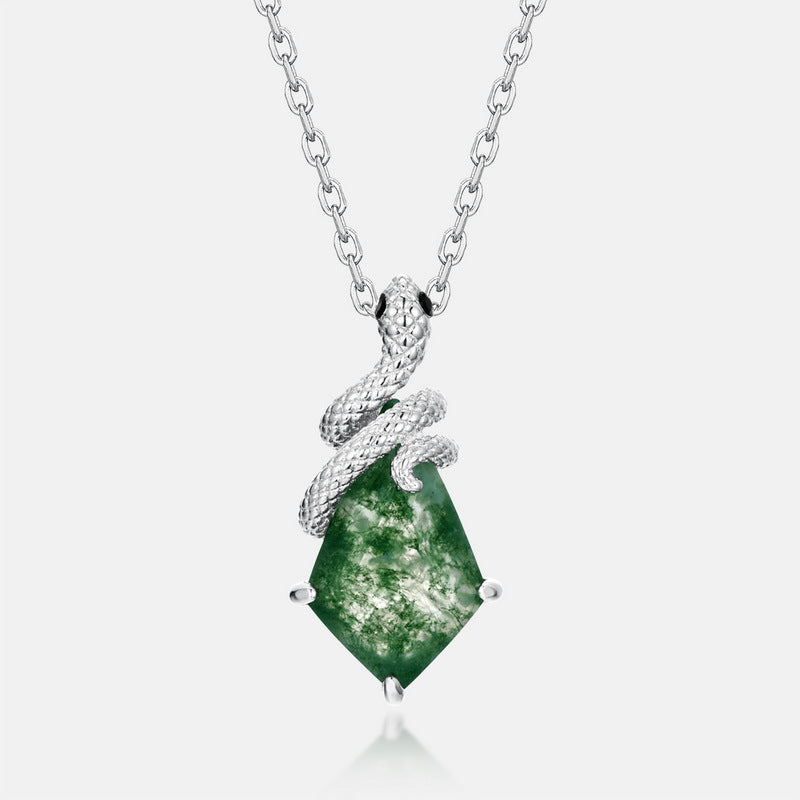 Origsoul snake design silver necklace with green moss agate pendant on chain