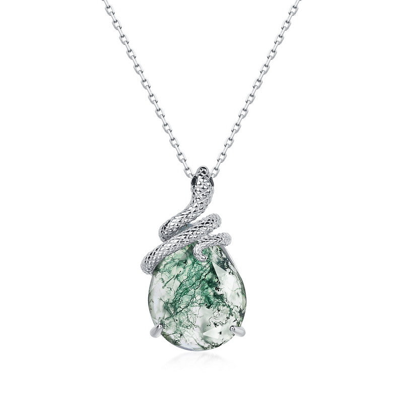 Origsoul jewelry necklace with a teardrop moss agate pendant wrapped in a silver snake design
