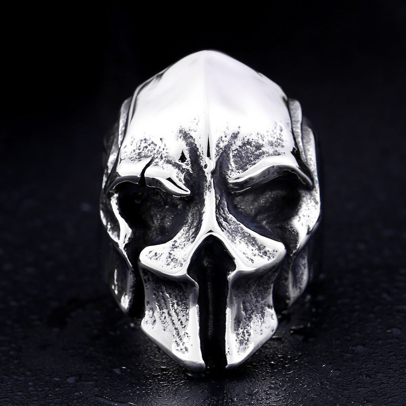 Origsoul Spartan gladiator helmet ring in silver with detailed warrior design on black background
