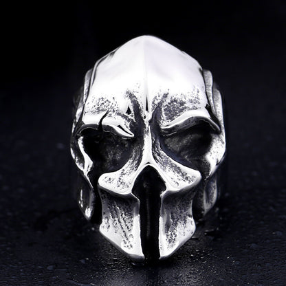 Origsoul Spartan gladiator helmet ring in silver with detailed warrior design on black background