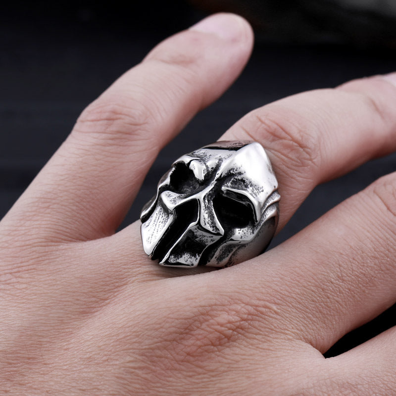 Origsoul Spartan gladiator helmet ring worn on hand with detailed silver metal design