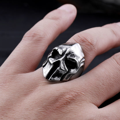 Origsoul Spartan gladiator helmet ring worn on hand with detailed silver metal design