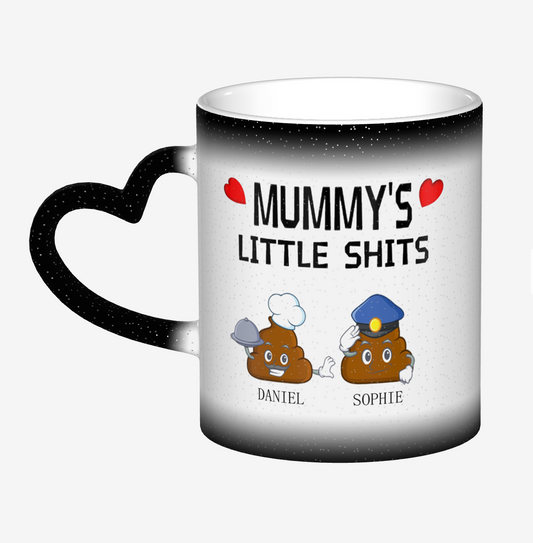 Origsoul customized starry sky color changing mug with heart handle and funny Mummy's Little Shits design