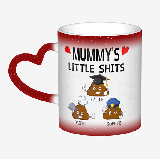 Origsoul starry sky color changing mug with red heart handle featuring playful mummy and kids cartoon design
