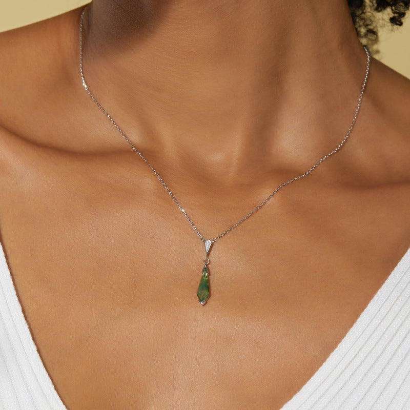 Origsoul sterling necklace silver with delicate chain and green gemstone pendant on model